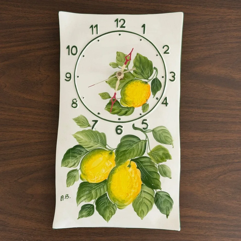 Vintage Hand Painted Ceramic Wall Clock‎ Lemons Signed Italy Amalfi 8x15
